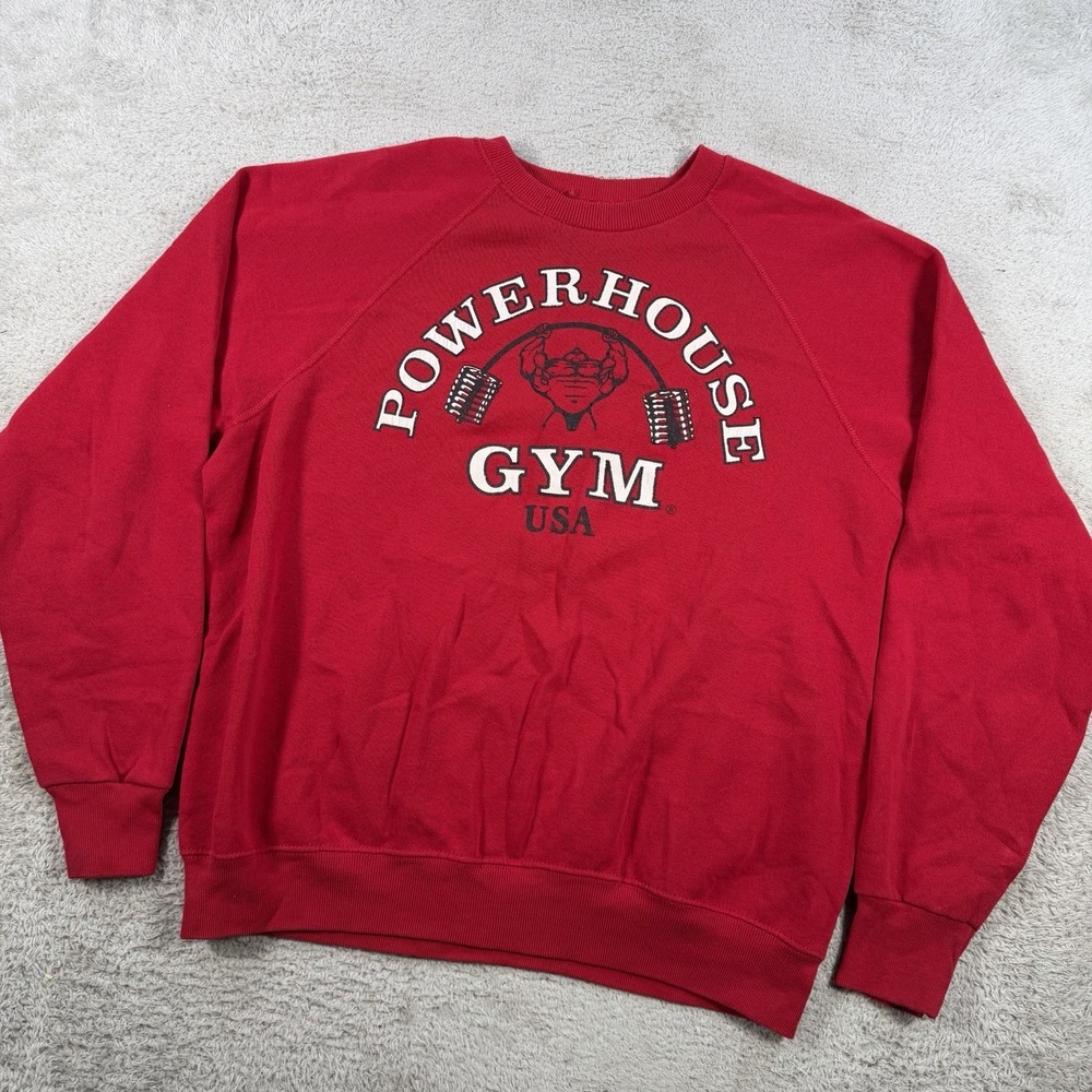 Vintage Powerhouse Gym Sweatshirt Mens Large Red Fleece Crewneck Pullover USA